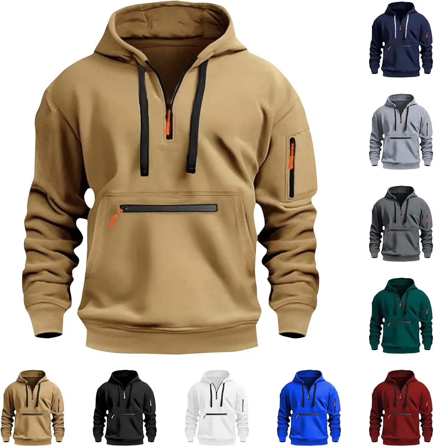 Tactical Hoodies for Men Comfy Quarter Zip Pullover with Multi Pockets Vintage Fleece Drawstring Hooded Sweatshirt