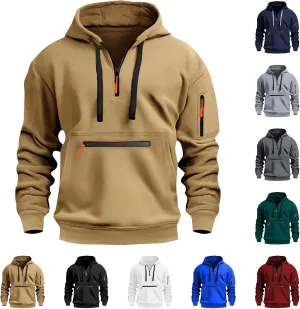 Tactical Hoodies for Men Comfy Quarter Zip Pullover with Multi Pockets Vintage Fleece Drawstring Hooded Sweatshirt
