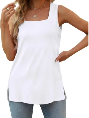 Tank Tops for Women Summer Square Neck Sleeveless T-Shirts Casual Solid Color Loose Fit Split Hem Pullover Tee Shirt