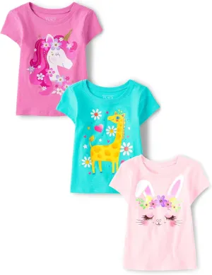 The Children's Place Baby and Toddler Girls' Animal Short Sleeve Graphic T-Shirts, Multipack