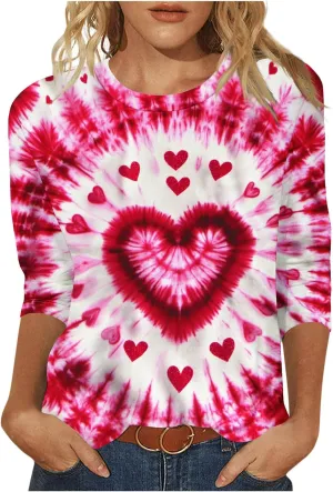 Tie Dyed Hippie Heart Shirts Womens Tops Tshirts Three Quarter 3/4 Sleeve Cute Tees Hip Hop Streetwear Apparel Clothes