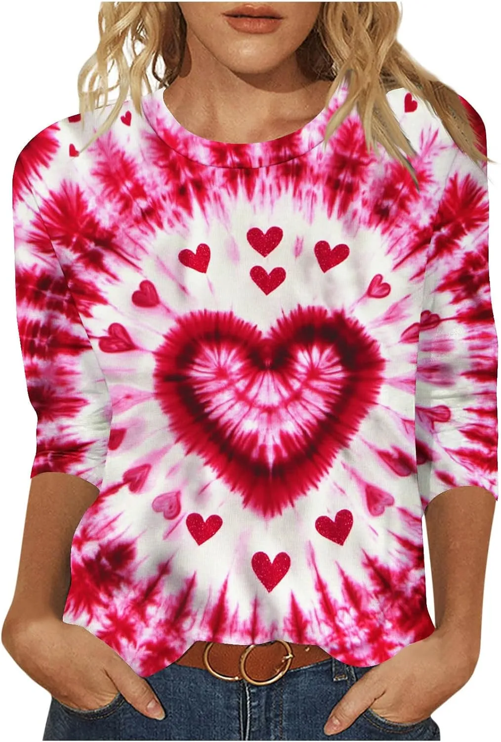 Tie Dyed Hippie Heart Shirts Womens Tops Tshirts Three Quarter 3/4 Sleeve Cute Tees Hip Hop Streetwear Apparel Clothes