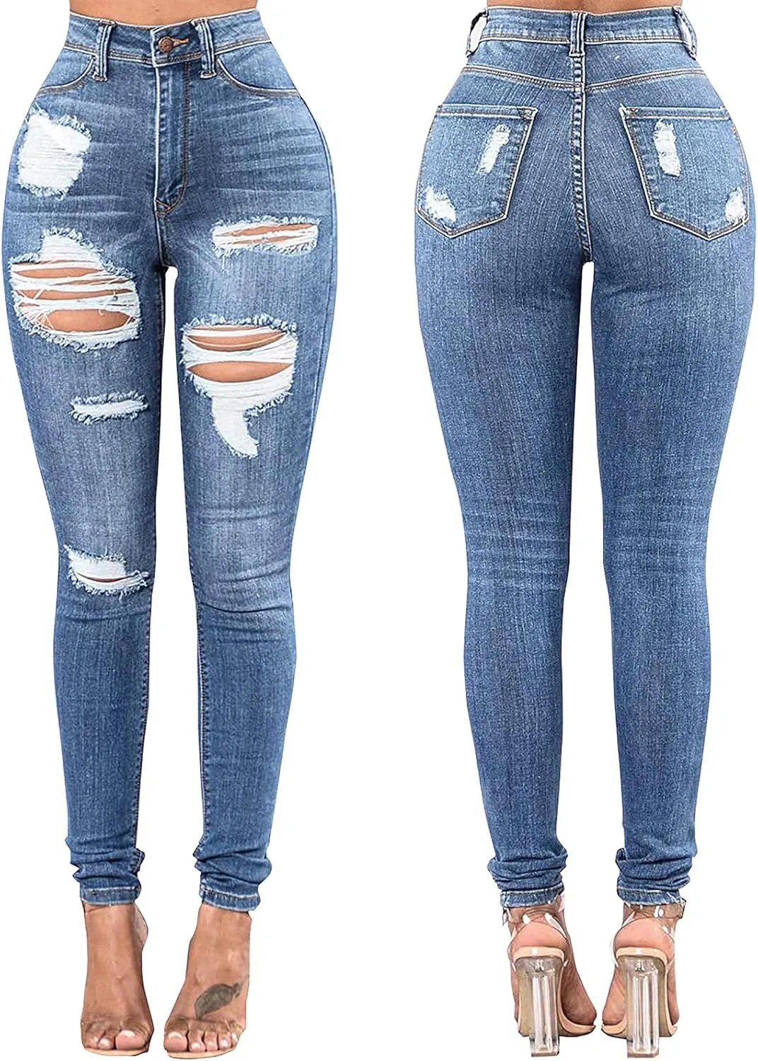 TodTan Women's Skinny Jeans Ripped Mid Rise Stretch Destroyed Denim Pants Jeans