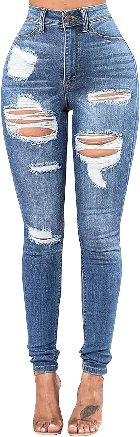 TodTan Women's Skinny Jeans Ripped Mid Rise Stretch Destroyed Denim Pants Jeans