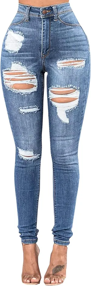 TodTan Women's Skinny Jeans Ripped Mid Rise Stretch Destroyed Denim Pants Jeans