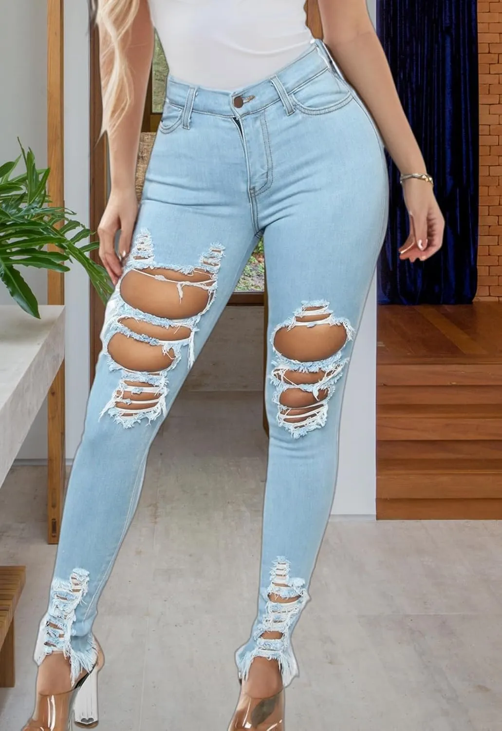 TodTan Women's Skinny Jeans Ripped Mid Rise Stretch Destroyed Denim Pants Jeans