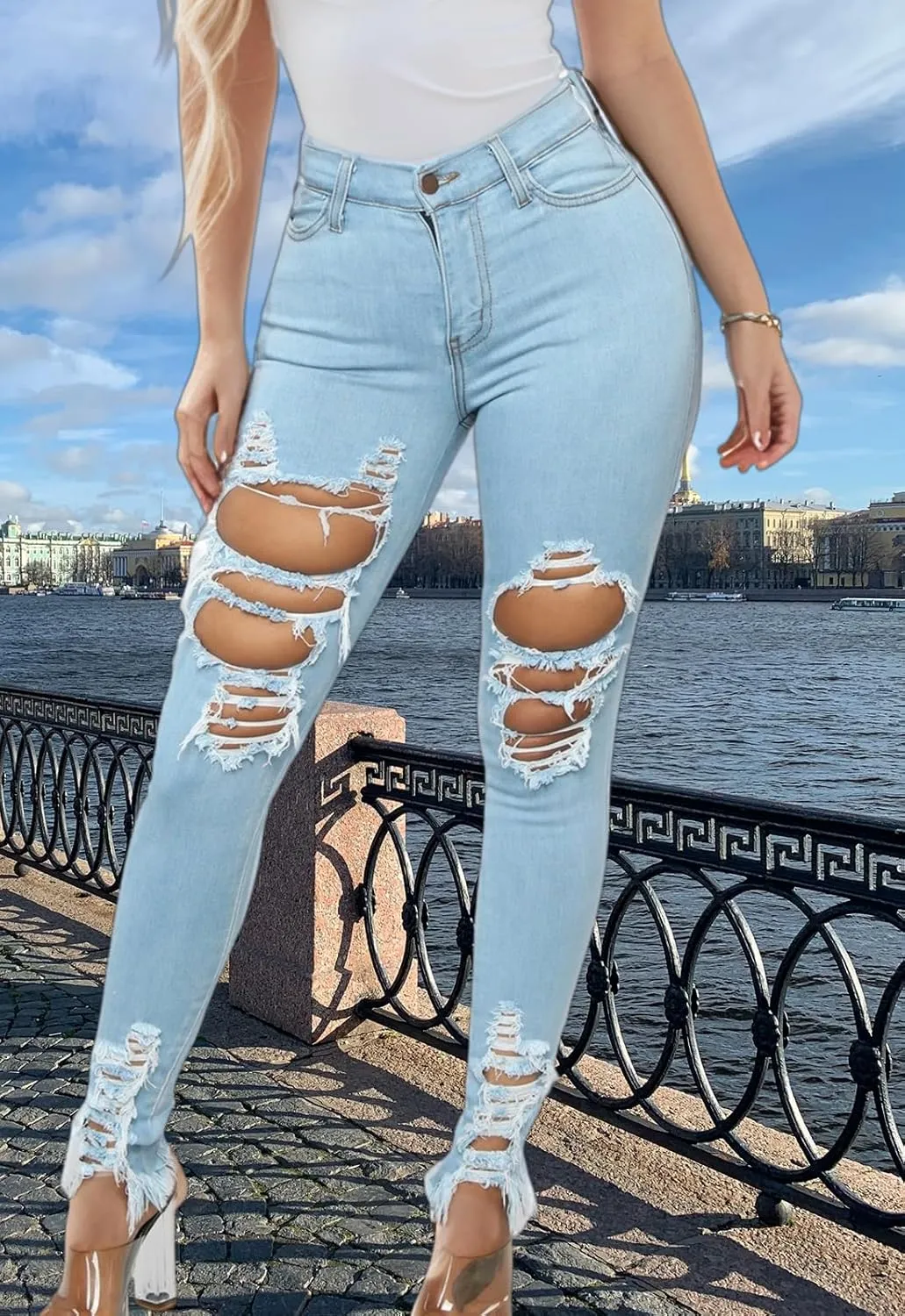 TodTan Women's Skinny Jeans Ripped Mid Rise Stretch Destroyed Denim Pants Jeans