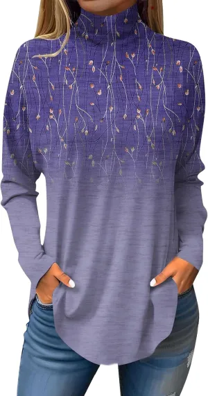 Tops for Women Trendy Long Sleeve Fall Blouses Printed Turtleneck Top Loose Winter Shirts Cozy Lightweight T Shirts