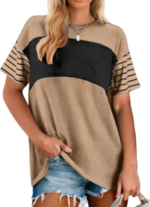 Tops for Women Trendy Oversized Crewneck Casual Color Block T Shirts Loose Fit Short Sleeve Tees Fashion Blouses Shirt