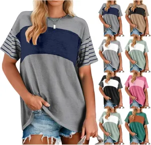 Tops for Women Trendy Oversized Crewneck Casual Color Block T Shirts Loose Fit Short Sleeve Tees Fashion Blouses Shirt