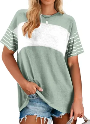 Tops for Women Trendy Oversized Crewneck Casual Color Block T Shirts Loose Fit Short Sleeve Tees Fashion Blouses Shirt