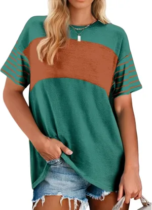 Tops for Women Trendy Oversized Crewneck Casual Color Block T Shirts Loose Fit Short Sleeve Tees Fashion Blouses Shirt