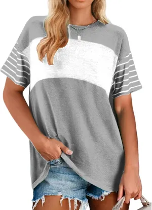 Tops for Women Trendy Oversized Crewneck Casual Color Block T Shirts Loose Fit Short Sleeve Tees Fashion Blouses Shirt