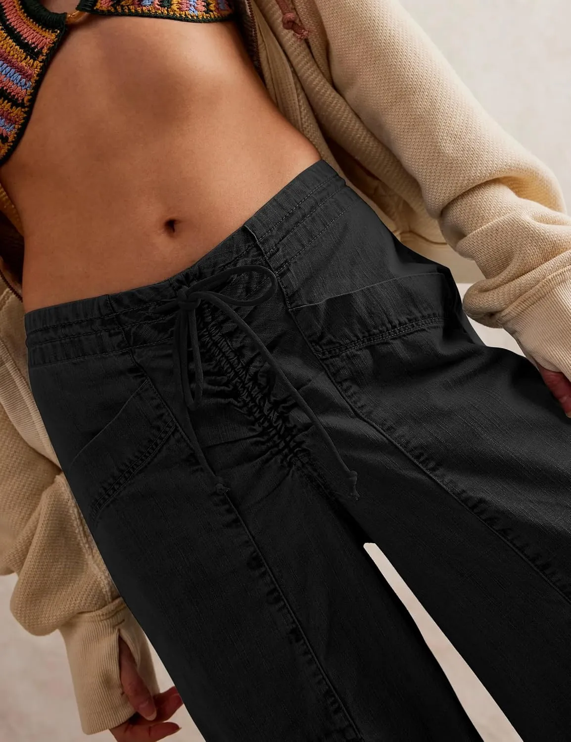 TQD Wide Leg Barrel Jeans for Women Trendy 2025 Mid Rise Baggy Boyfriend Y2K Drawstring Denim Pants with Pockets Relaxed Fit