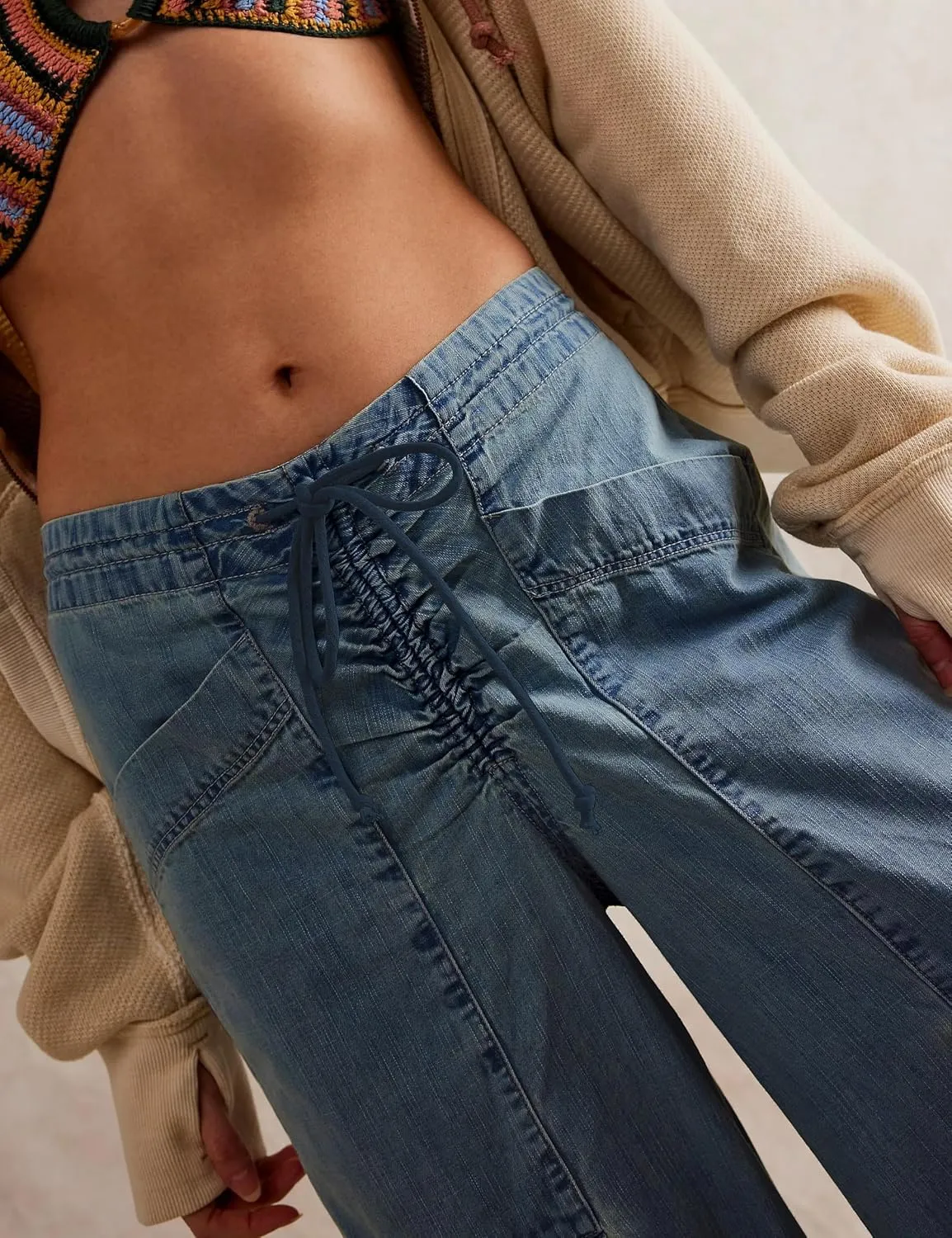 TQD Wide Leg Barrel Jeans for Women Trendy 2025 Mid Rise Baggy Boyfriend Y2K Drawstring Denim Pants with Pockets Relaxed Fit