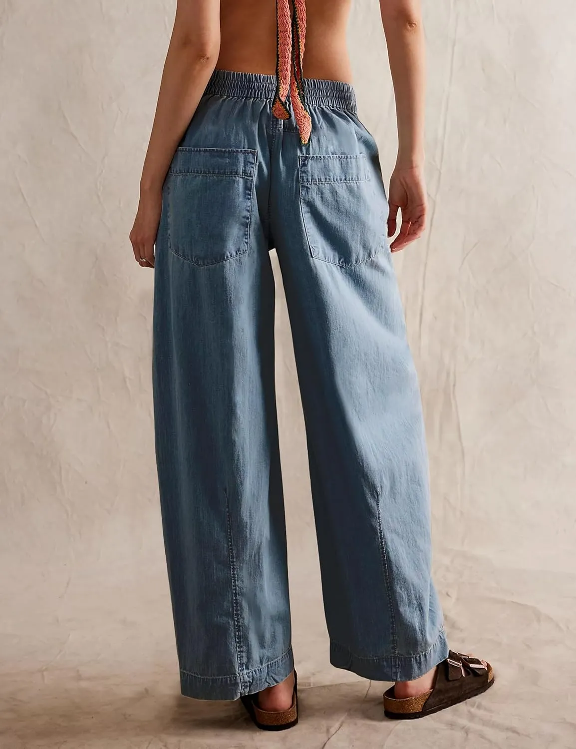 TQD Wide Leg Barrel Jeans for Women Trendy 2025 Mid Rise Baggy Boyfriend Y2K Drawstring Denim Pants with Pockets Relaxed Fit