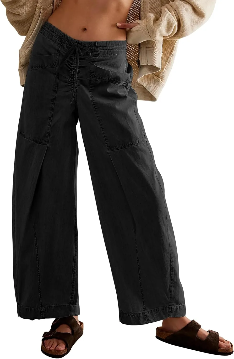 TQD Wide Leg Barrel Jeans for Women Trendy 2025 Mid Rise Baggy Boyfriend Y2K Drawstring Denim Pants with Pockets Relaxed Fit