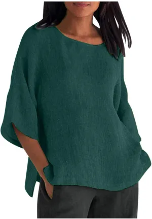 Tshirts Shirts for Women Summer Causal 3/4 Sleeve Cotton Linen Tops Loose Fit Solid Crewneck Blouse Lounge Pullover