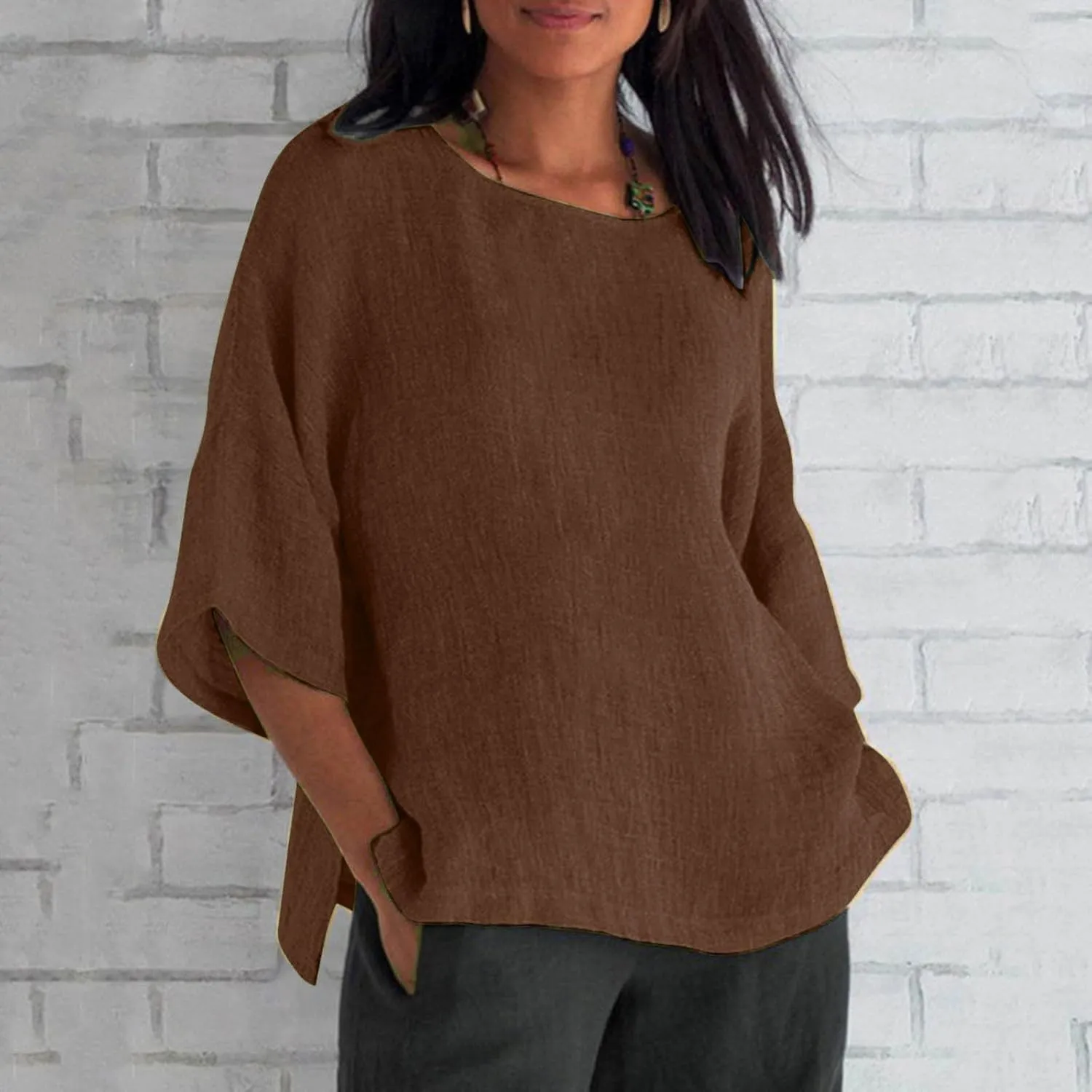 Tshirts Shirts for Women Summer Causal 3/4 Sleeve Cotton Linen Tops Loose Fit Solid Crewneck Blouse Lounge Pullover