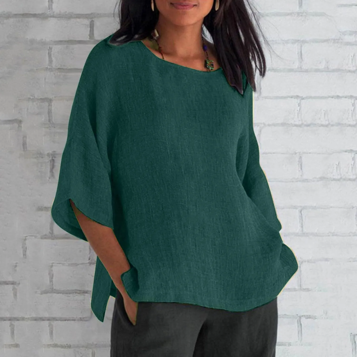 Tshirts Shirts for Women Summer Causal 3/4 Sleeve Cotton Linen Tops Loose Fit Solid Crewneck Blouse Lounge Pullover