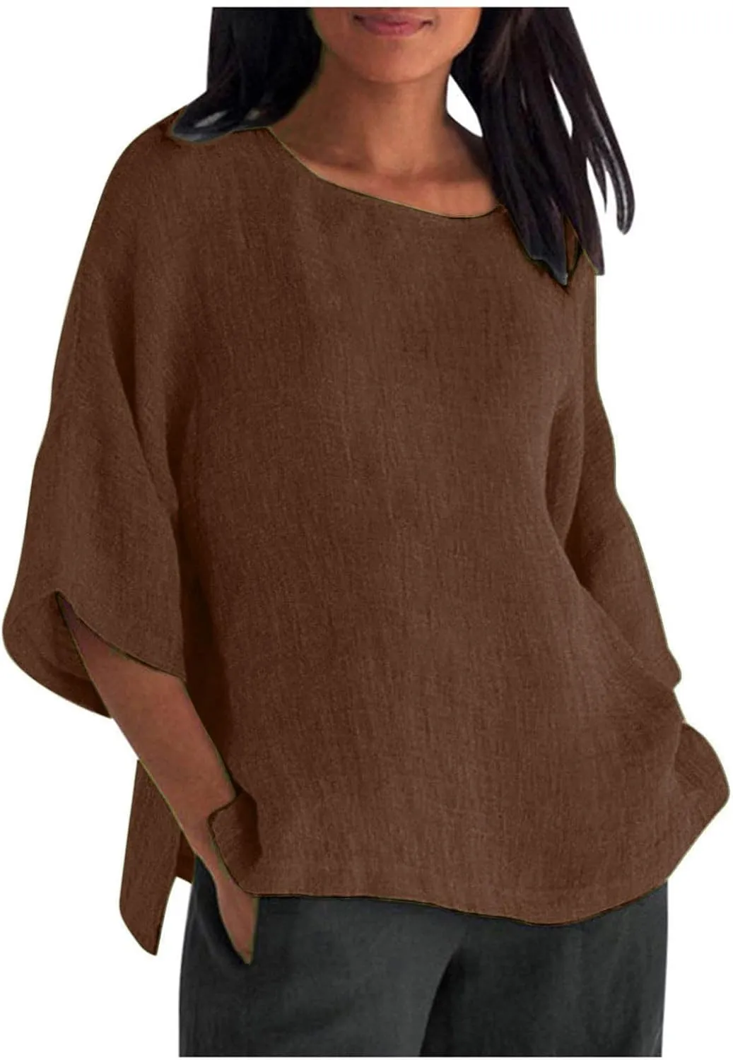 Tshirts Shirts for Women Summer Causal 3/4 Sleeve Cotton Linen Tops Loose Fit Solid Crewneck Blouse Lounge Pullover