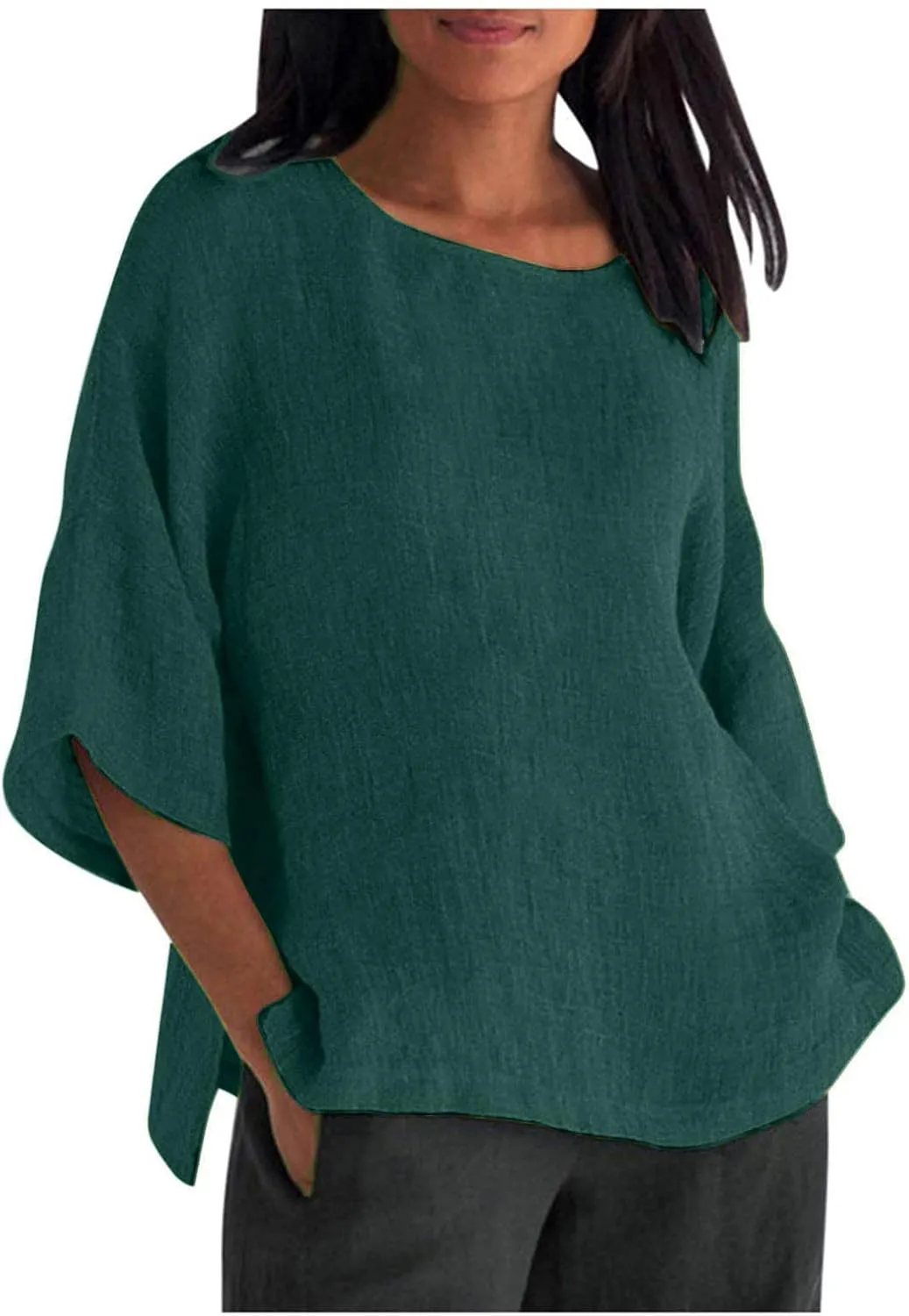Tshirts Shirts for Women Summer Causal 3/4 Sleeve Cotton Linen Tops Loose Fit Solid Crewneck Blouse Lounge Pullover