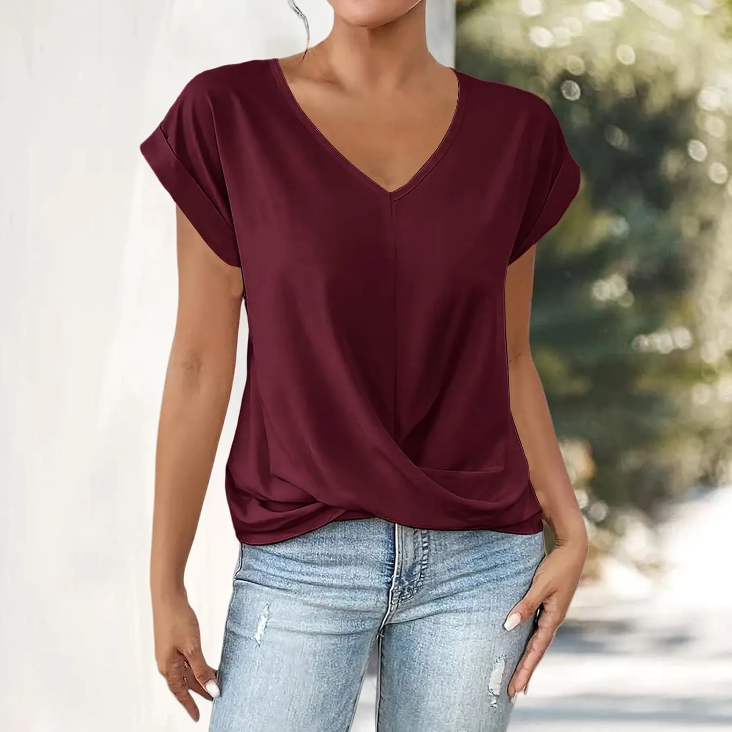 Tunic Tops for Women Loose Fit Dressy Twist Knot Tees Comfy Casual Summer Tops Short Sleeve Round Neck Elegant Blouses