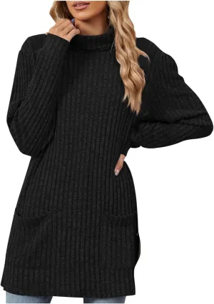 Turtle Neck Long Sleeve Sweater for Women Mid Length Casual Sweater Oversized Winter Pullover Blouse with Pockets