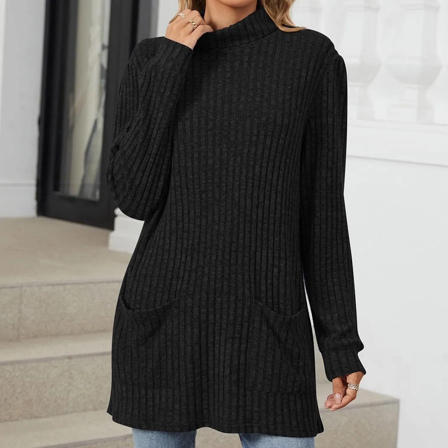 Turtle Neck Long Sleeve Sweater for Women Mid Length Casual Sweater Oversized Winter Pullover Blouse with Pockets