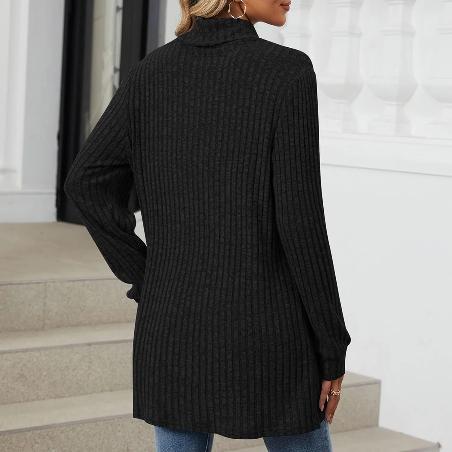 Turtle Neck Long Sleeve Sweater for Women Mid Length Casual Sweater Oversized Winter Pullover Blouse with Pockets