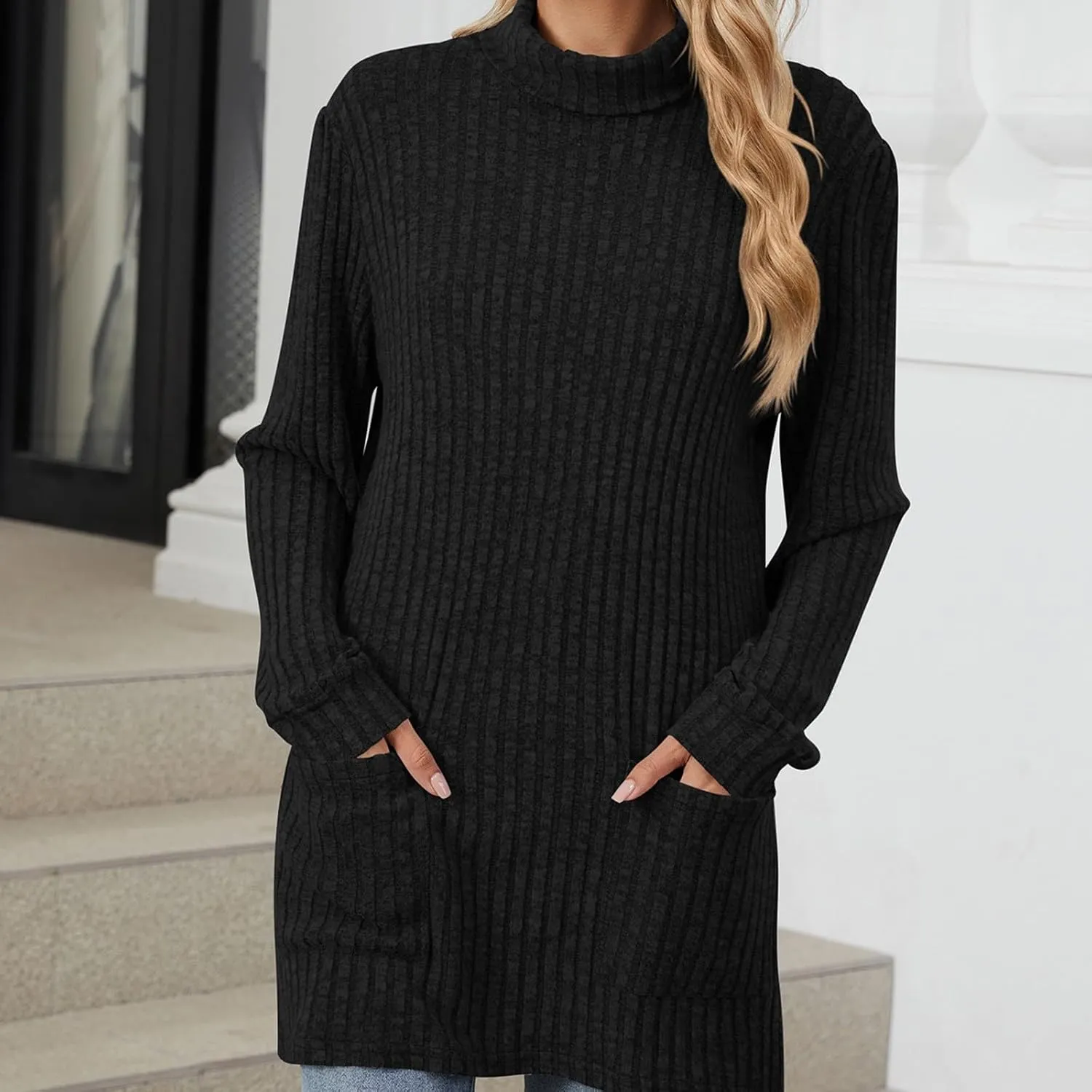 Turtle Neck Long Sleeve Sweater for Women Mid Length Casual Sweater Oversized Winter Pullover Blouse with Pockets