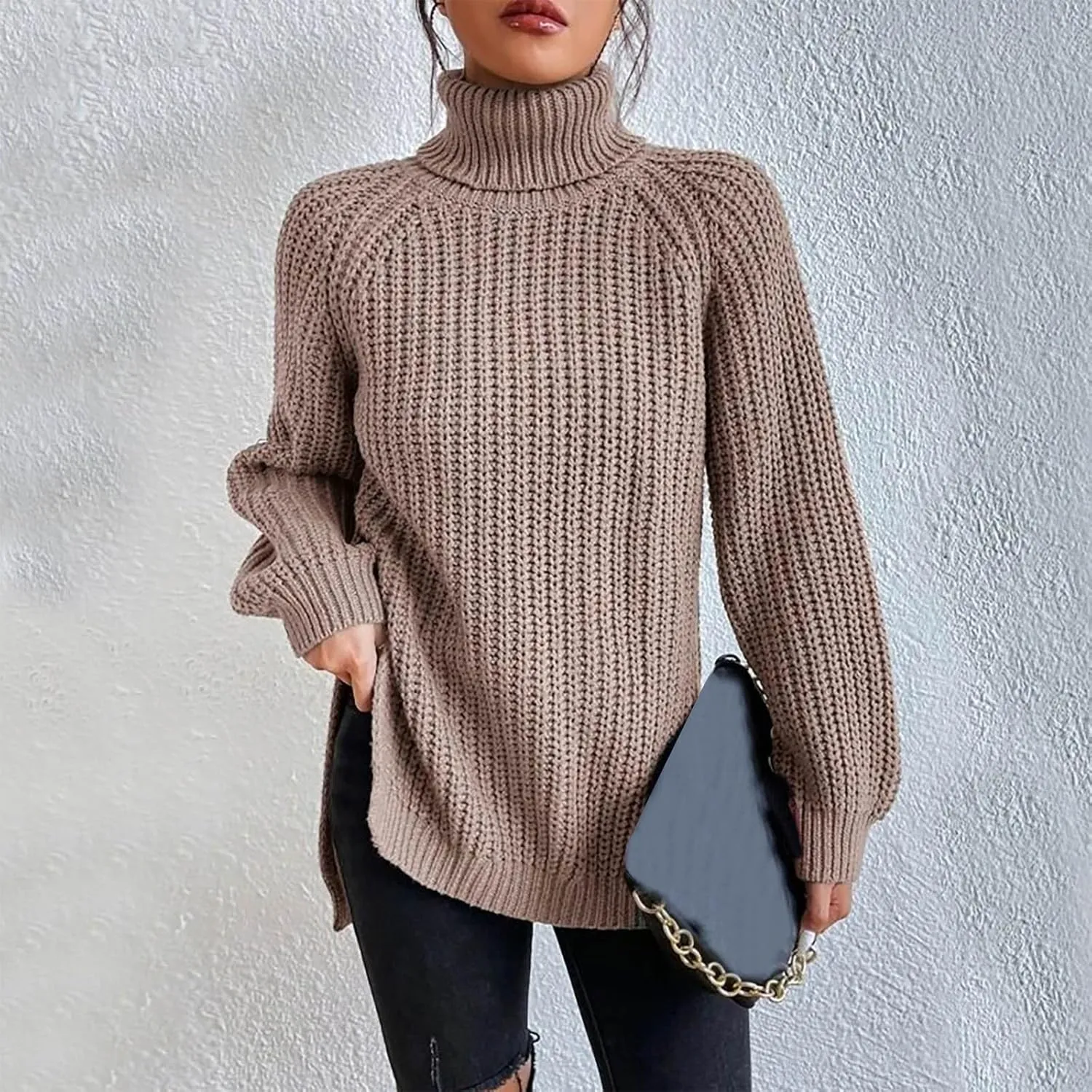 Turtleneck Tops for Women Long Sleeve Knitted Sweater Casual Fitted Sweater Fall Winter Fashion Sweaters Outfits
