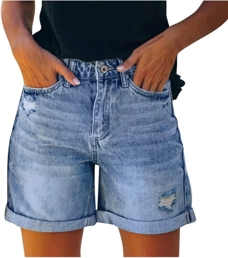 Uillui Bermuda Shorts for Women High Waisted Raw Hem Jeans Shorts Summer Relaxed Fit Straight Leg Culottes Denim Short Pants