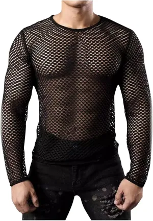 Uillui Men's Mesh Fishnet Muscle Shirts See Through Mesh Party Vest Tops Workout Muscle Tank Fitted Crew Neck Base Layer Tee