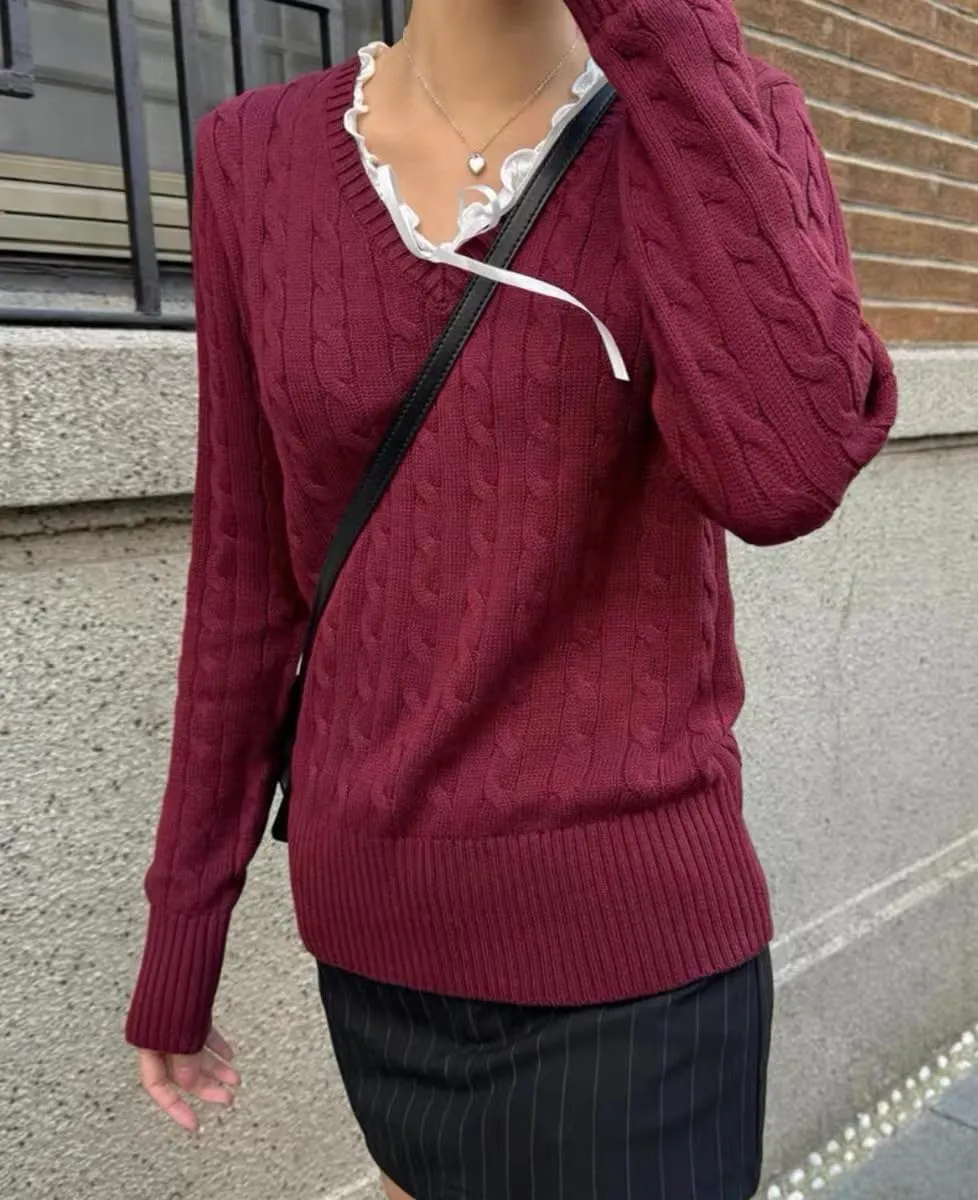 V Neck Sweater Pullover Knit Sweater Y2k Women Cable Knit Sweaters Oversized Preppy Sweater