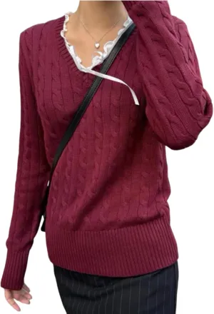 V Neck Sweater Pullover Knit Sweater Y2k Women Cable Knit Sweaters Oversized Preppy Sweater