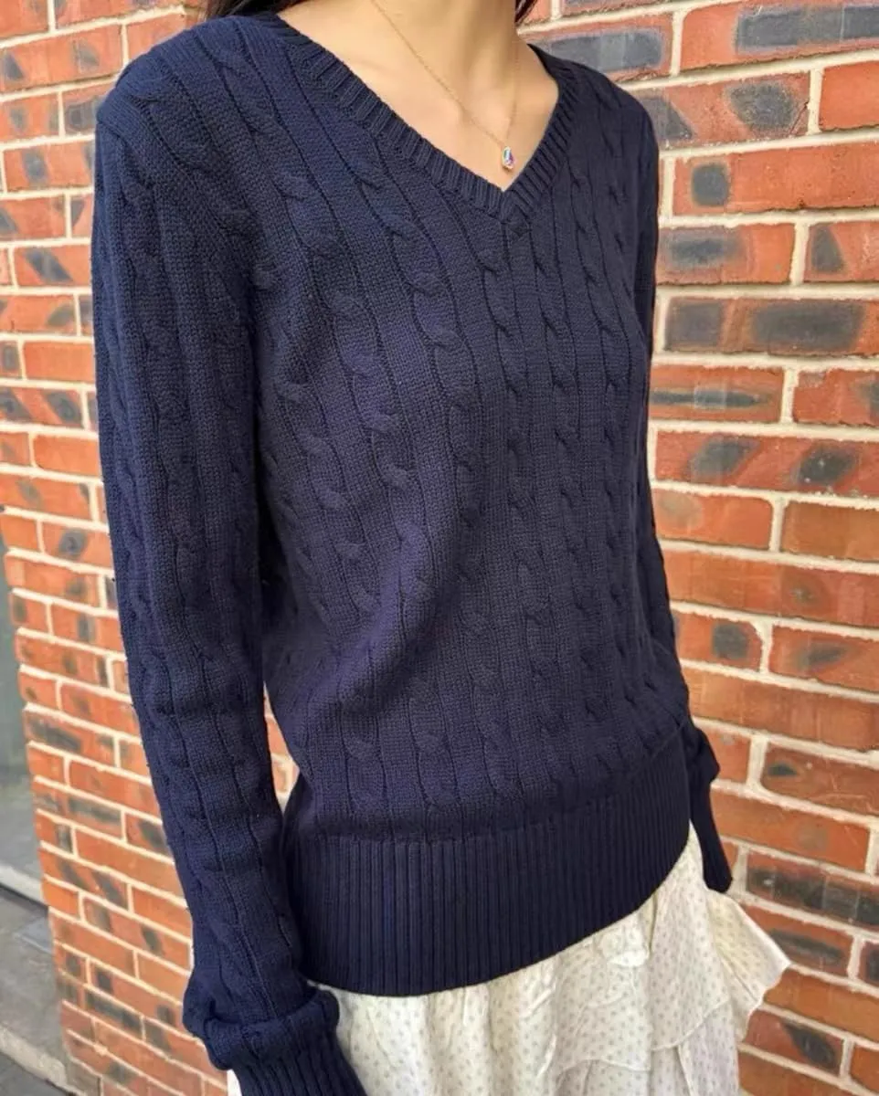 V Neck Sweater Pullover Knit Sweater Y2k Women Cable Knit Sweaters Oversized Preppy Sweater