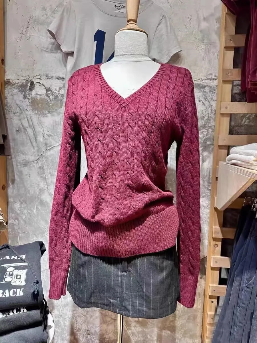 V Neck Sweater Pullover Knit Sweater Y2k Women Cable Knit Sweaters Oversized Preppy Sweater