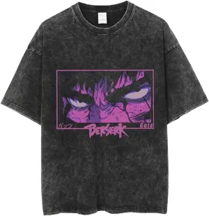 Vintage Washed Anime Graphic Short Sleeves T-Shirt, Black Cotton, Oversized Fit Streetwear, S-3XL