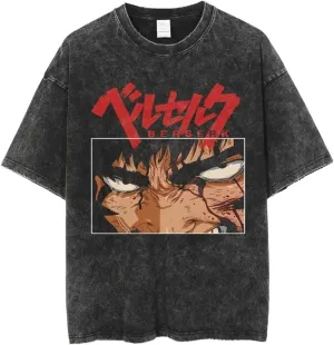 Vintage Washed Anime Graphic Short Sleeves T-Shirt, Black Cotton, Oversized Fit Streetwear, S-3XL