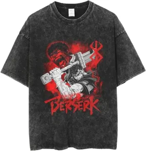 Vintage Washed Anime Graphic Short Sleeves T-Shirt, Black Cotton, Oversized Fit Streetwear, S-3XL