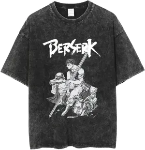 Vintage Washed Anime Graphic Short Sleeves T-Shirt, Black Cotton, Oversized Fit Streetwear, S-3XL