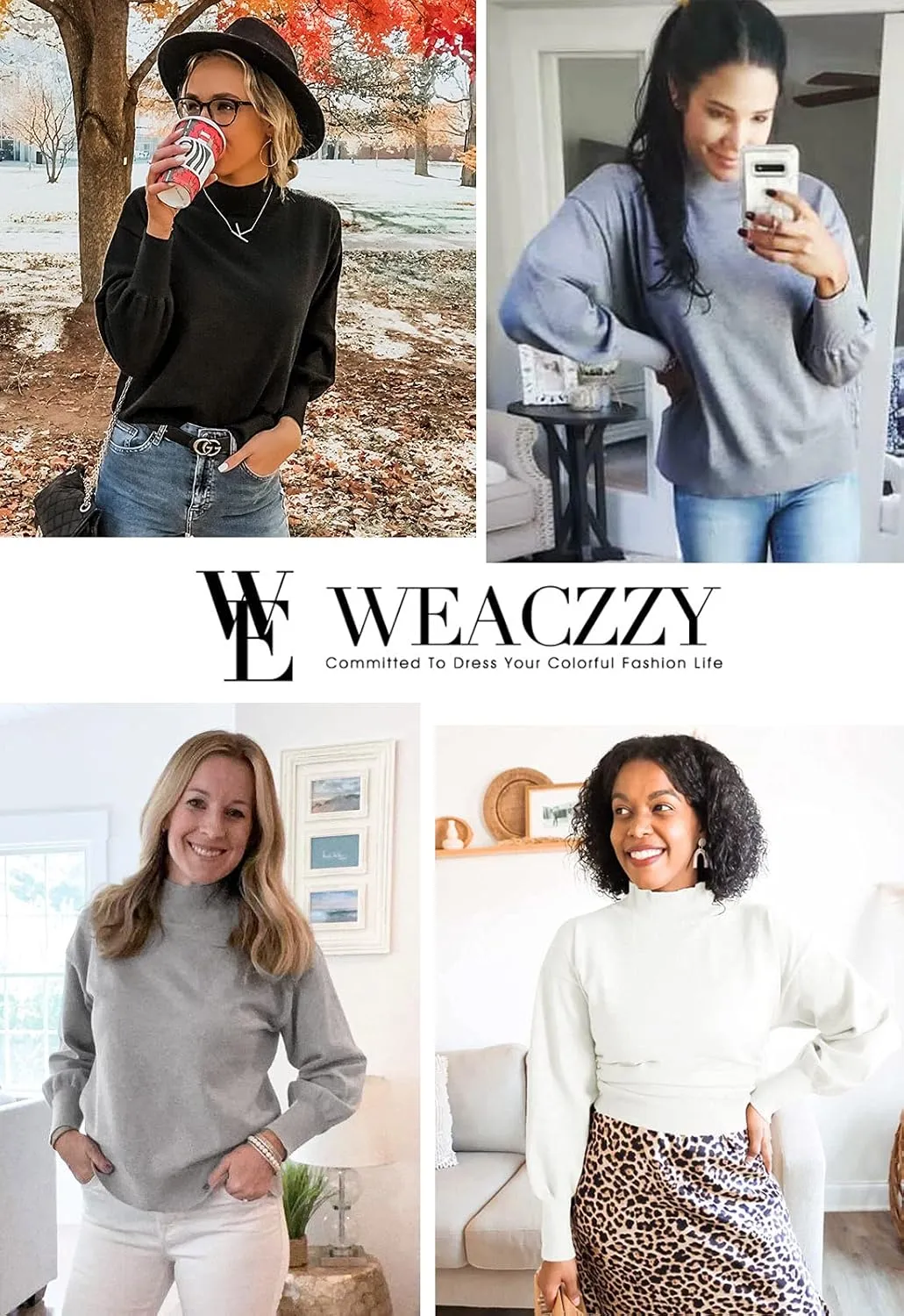 WEACZZY Women's 2025 Fall Fashion Casual Sweaters Mock Neck Long Lantern Sleeve Lightweight Knit Pullover Sweater Tops
