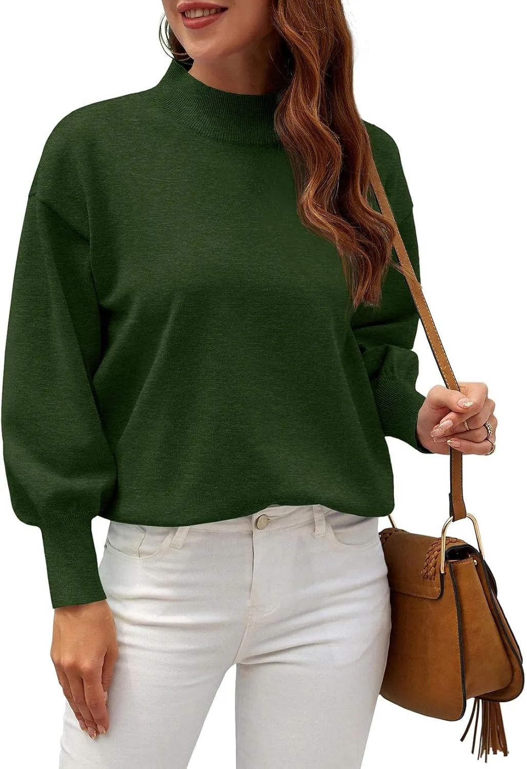 WEACZZY Women's 2025 Fall Fashion Casual Sweaters Mock Neck Long Lantern Sleeve Lightweight Knit Pullover Sweater Tops