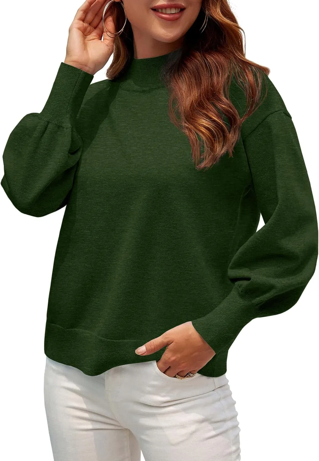 WEACZZY Women's 2025 Fall Fashion Casual Sweaters Mock Neck Long Lantern Sleeve Lightweight Knit Pullover Sweater Tops