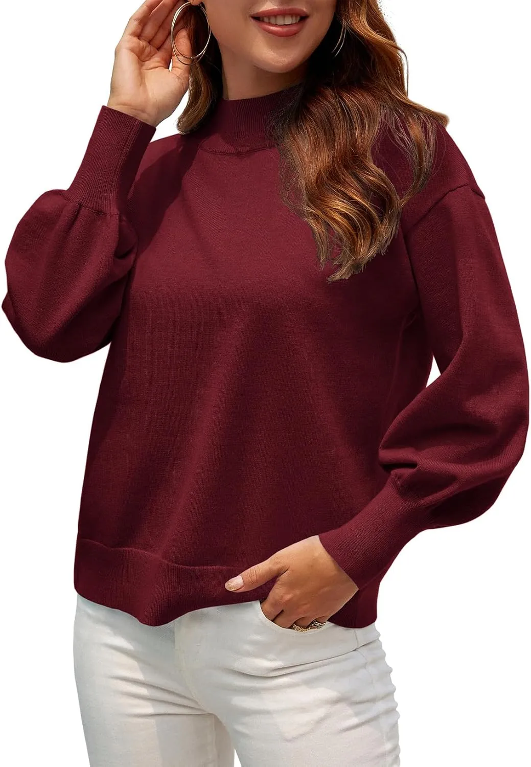WEACZZY Women's 2025 Fall Fashion Casual Sweaters Mock Neck Long Lantern Sleeve Lightweight Knit Pullover Sweater Tops