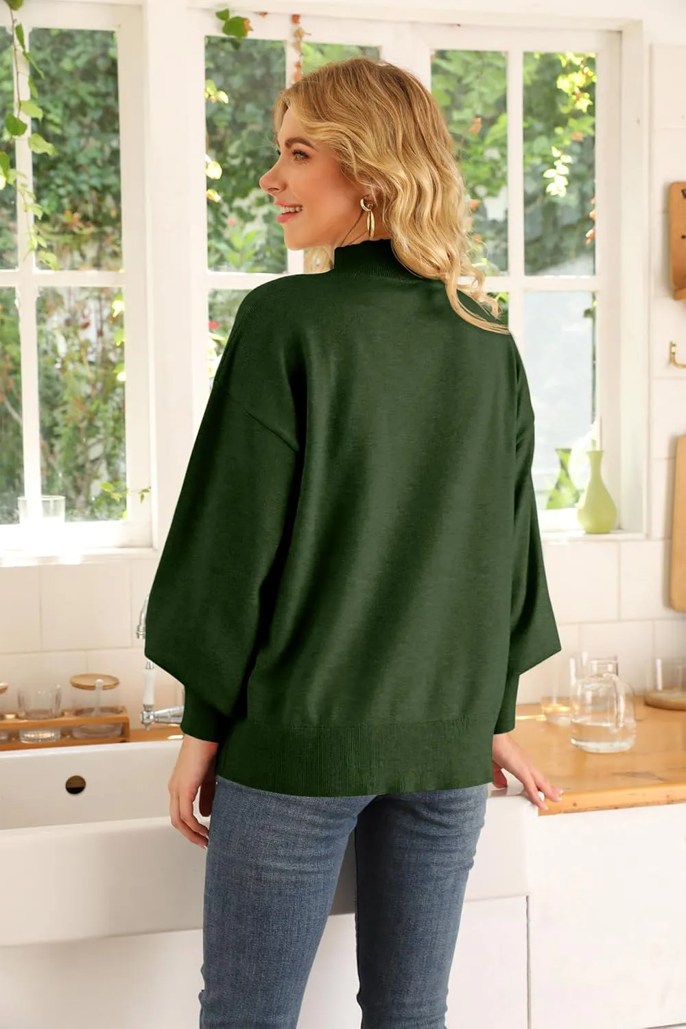 WEACZZY Women's 2025 Fall Fashion Casual Sweaters Mock Neck Long Lantern Sleeve Lightweight Knit Pullover Sweater Tops