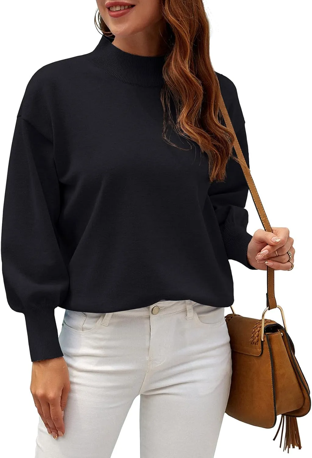 WEACZZY Women's 2025 Fall Fashion Casual Sweaters Mock Neck Long Lantern Sleeve Lightweight Knit Pullover Sweater Tops