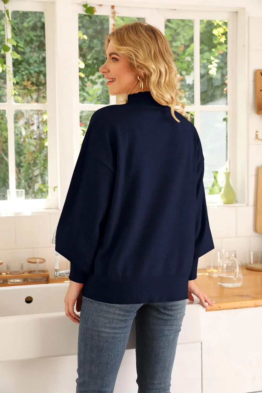 WEACZZY Women's 2025 Fall Fashion Casual Sweaters Mock Neck Long Lantern Sleeve Lightweight Knit Pullover Sweater Tops