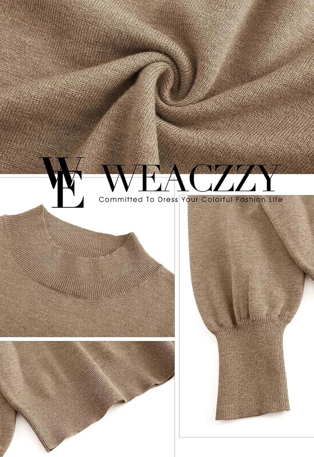 WEACZZY Women's 2025 Fall Fashion Casual Sweaters Mock Neck Long Lantern Sleeve Lightweight Knit Pullover Sweater Tops